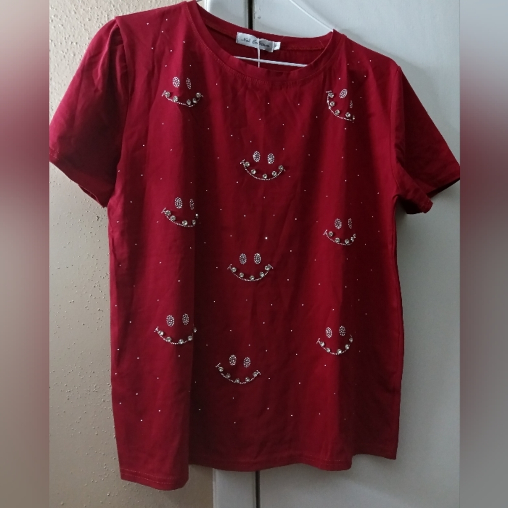 Red T-Shirt with Smiley Face Embroidery